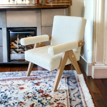 كرسي مفرد خشبي بوكلية بتصميم مودرين مميز  ابيض خشب زان  بيج 69×70×45سم 