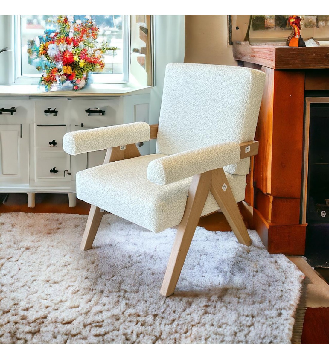 كرسي مفرد خشبي بوكلية بتصميم مودرين مميز  ابيض خشب زان  بيج 69×70×45سم 