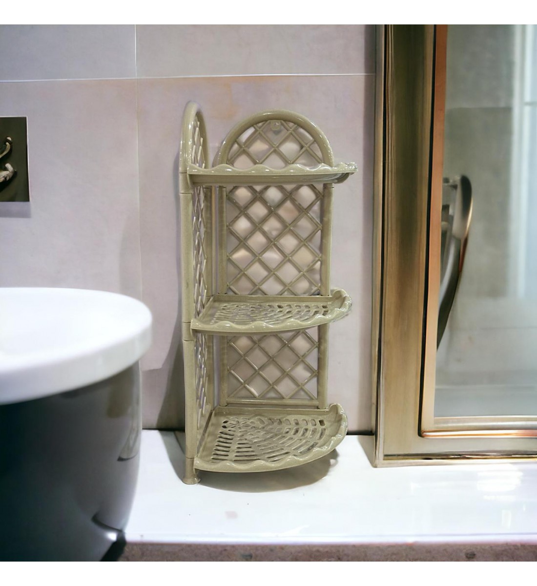 3 floors, beige plastic corner bathroom shelf, 63 x 28 x 35 cm
