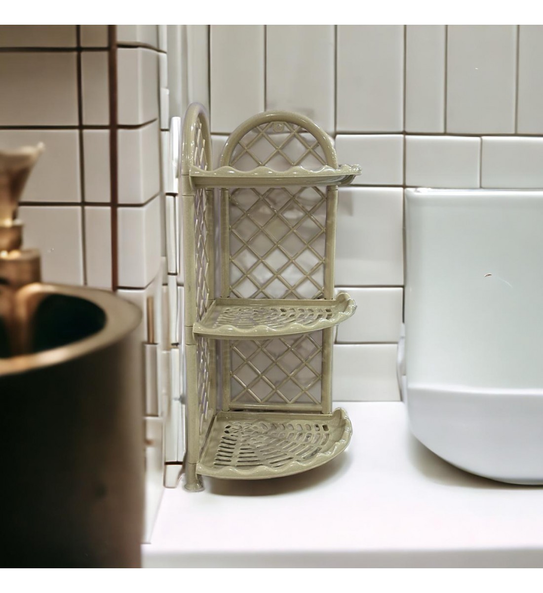3 floors, beige plastic corner bathroom shelf, 63 x 28 x 35 cm
