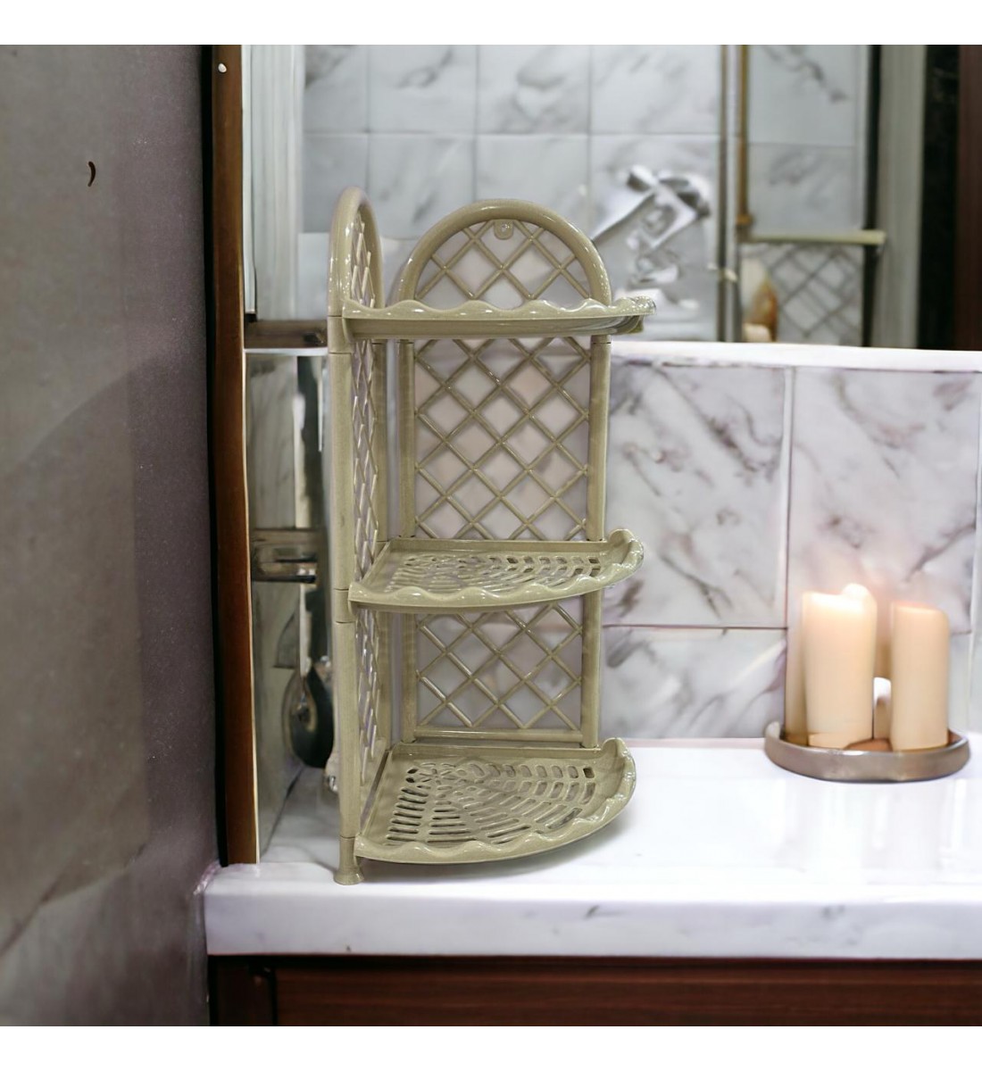 3 floors, beige plastic corner bathroom shelf, 63 x 28 x 35 cm