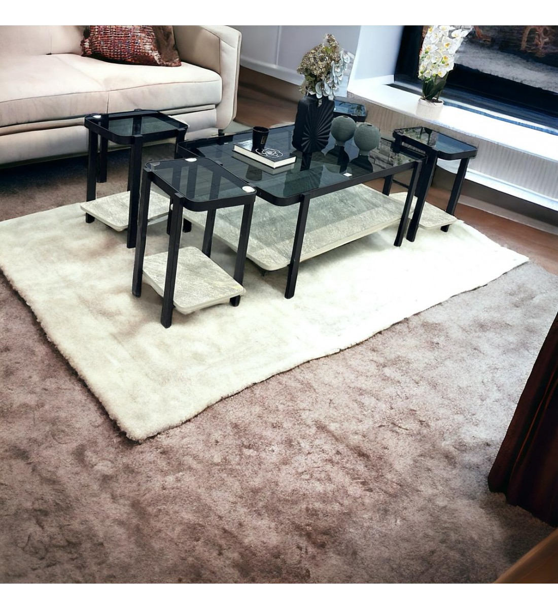 طقم طاولات بديل الرخام سطح زجاج 1+4سم طقم طاولات بديل الرخام سطح زجاج 1+4سم