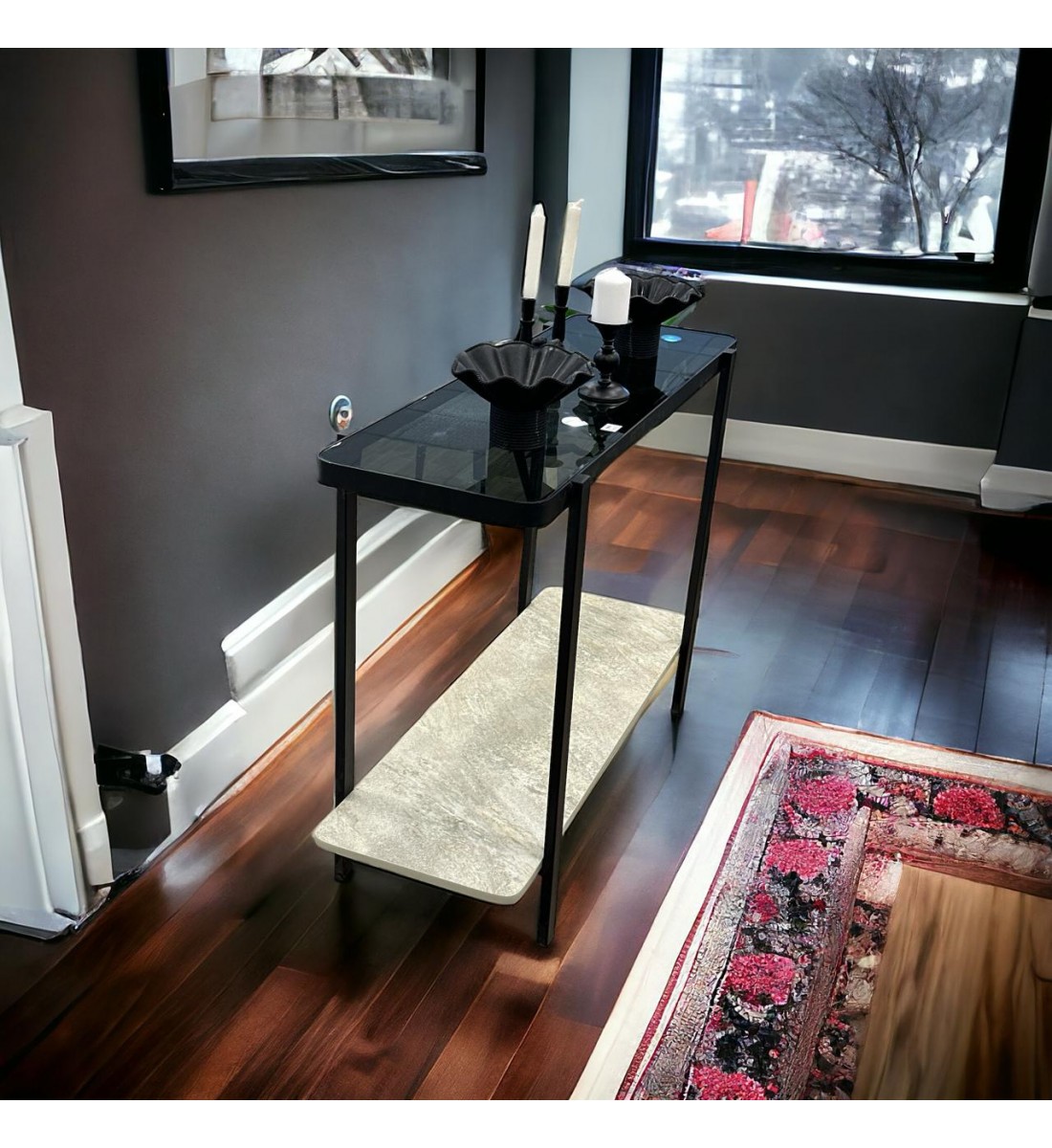Iron entrance table, alternative to marble, glass top, 120 x 40 x 90 cm