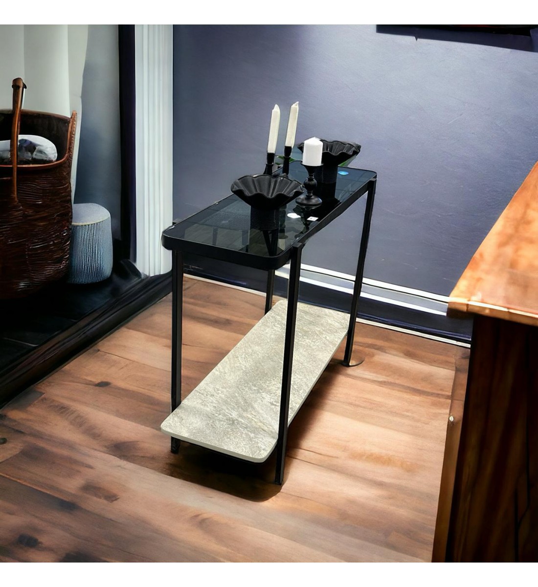Iron entrance table, alternative to marble, glass top, 120 x 40 x 90 cm