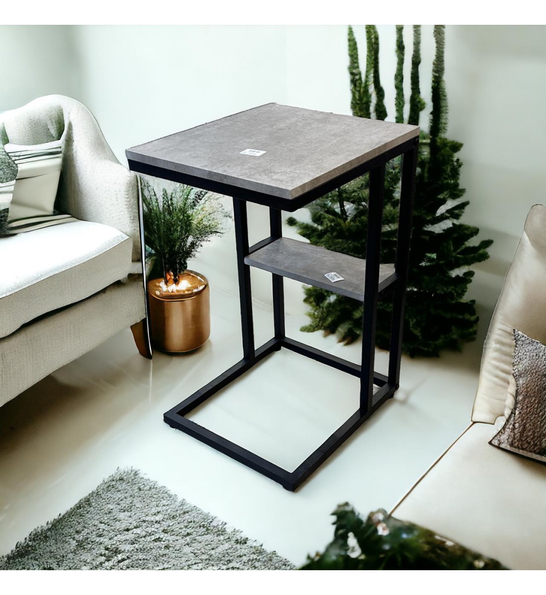 طاولة خدمة قواعد معدن سطح خشب رمادي 40×35×60س 