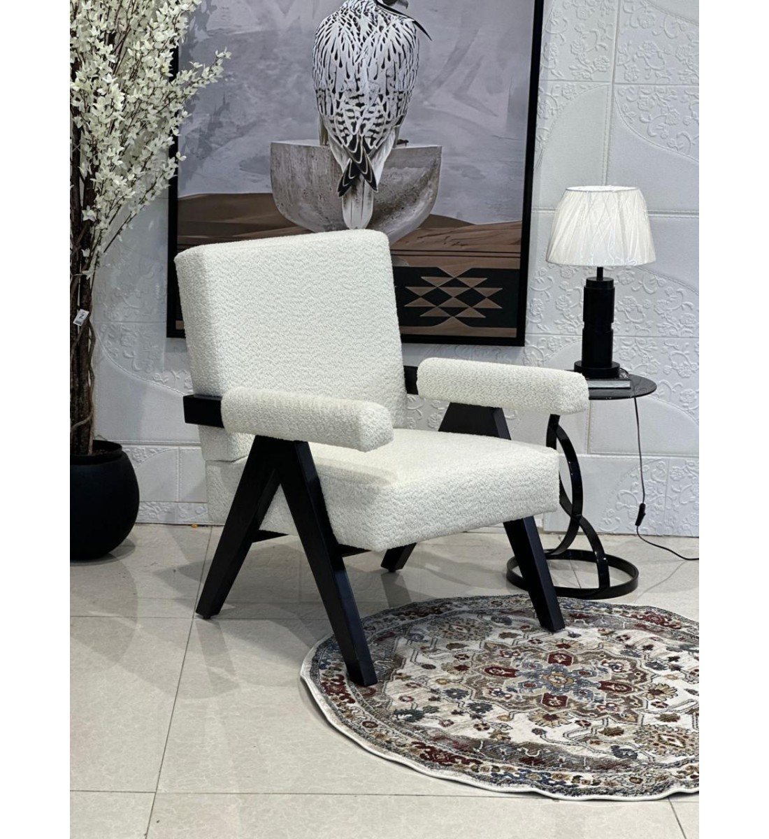 كرسي مفرد خشبي بوكلية بتصميم مودرين مميز  ابيض خشب زان اسود 69×70×45سم 