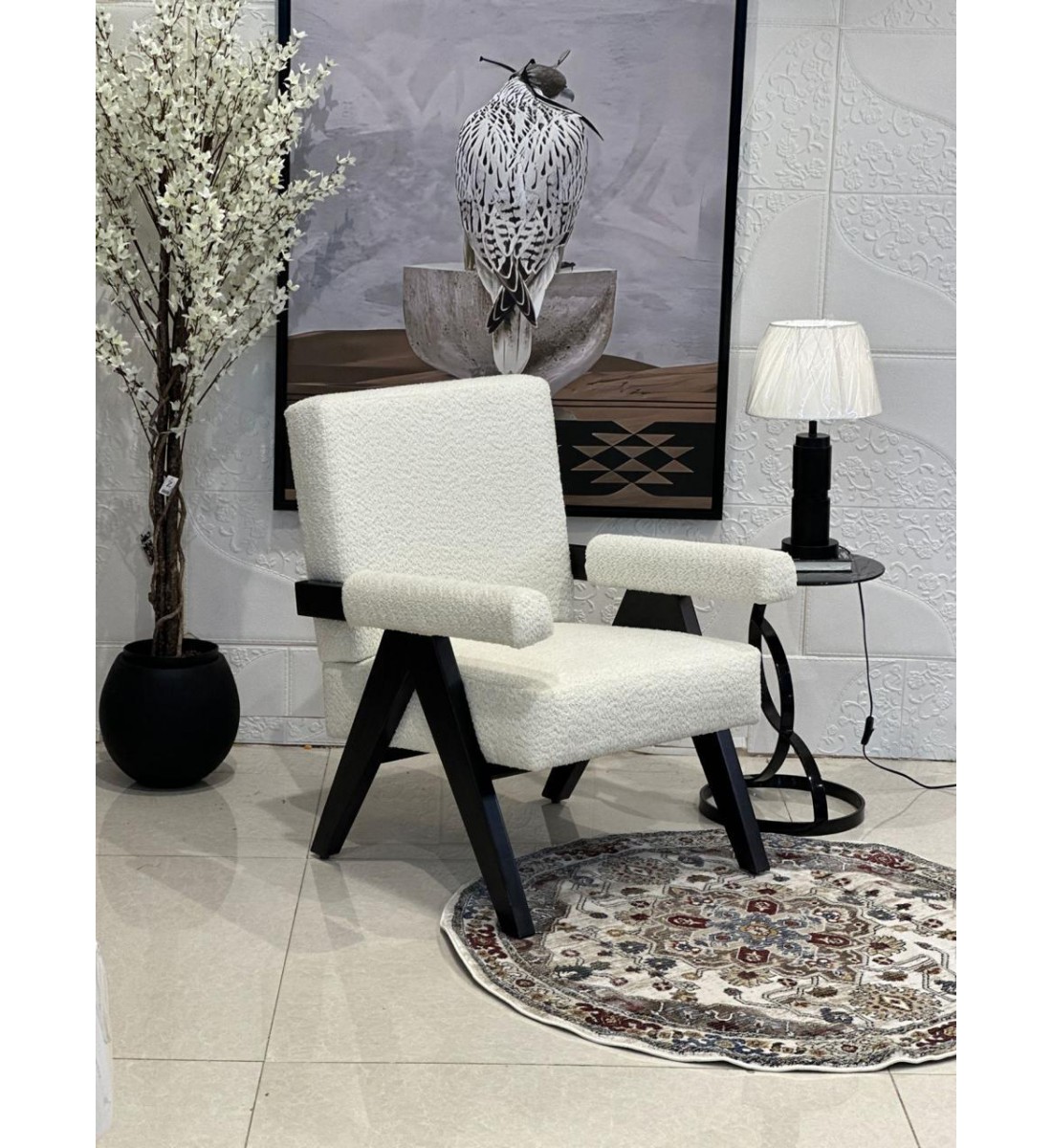 كرسي مفرد خشبي بوكلية بتصميم مودرين مميز  ابيض خشب زان اسود 69×70×45سم 