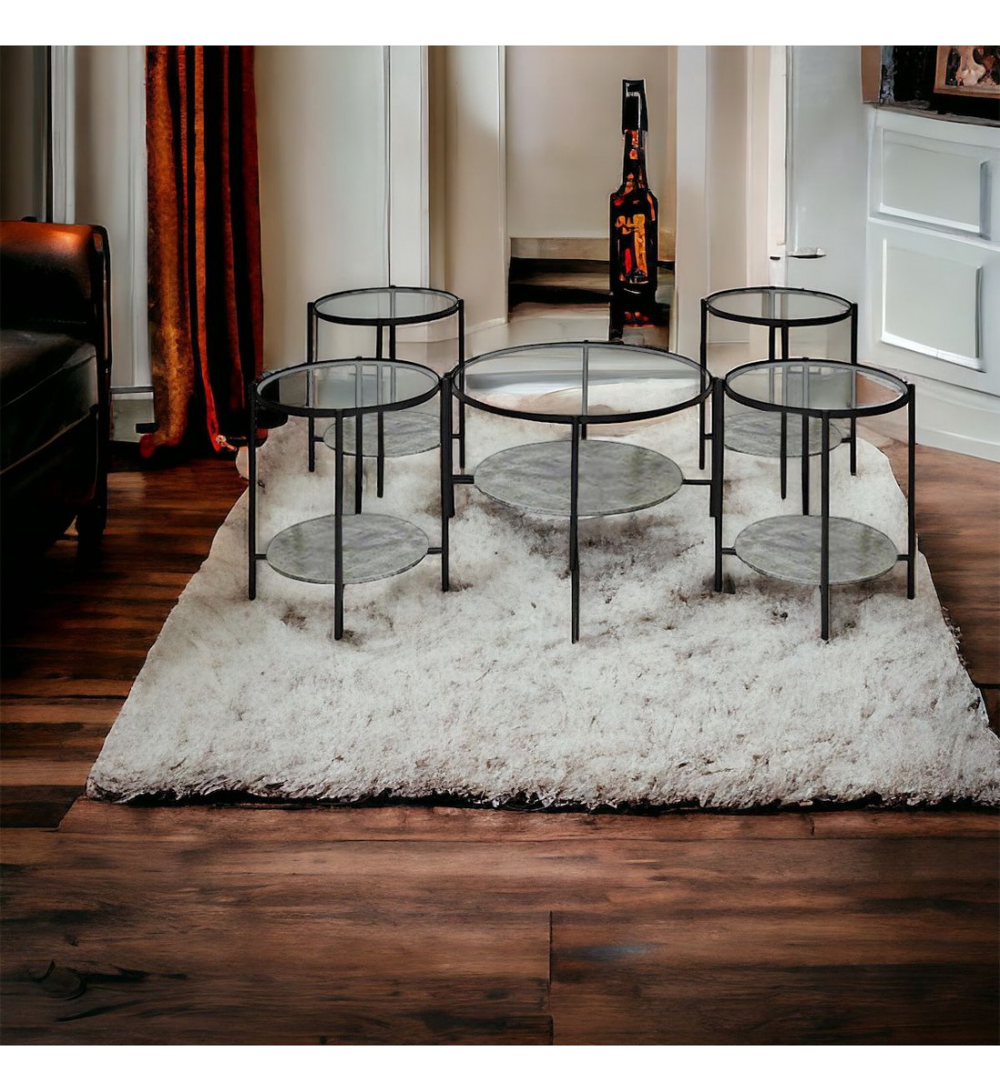 طقم طاولات خشب سطح زجاج رصاصي 5قطع