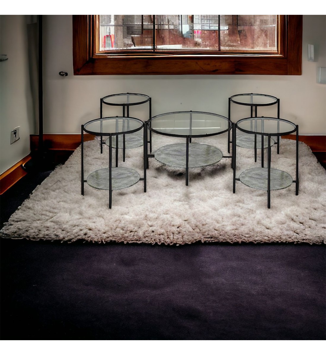 طقم طاولات خشب سطح زجاج رصاصي 5قطع