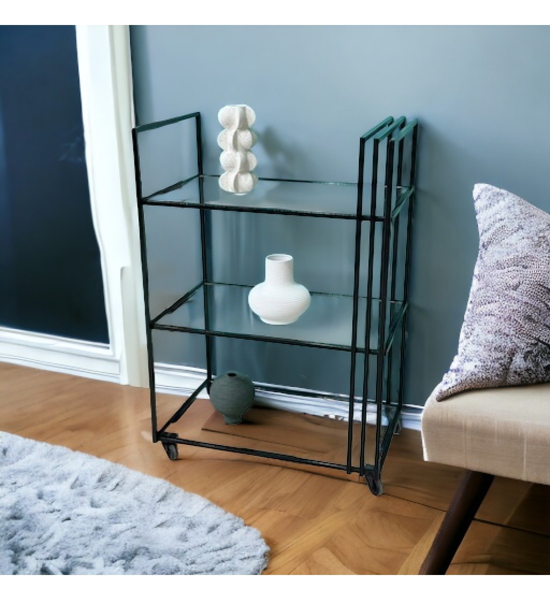 عربية تقديم زجاج  شفاف بأطراف حديد اسود 3 دور بكفرات سهلة الحركة (70×40×100)سم