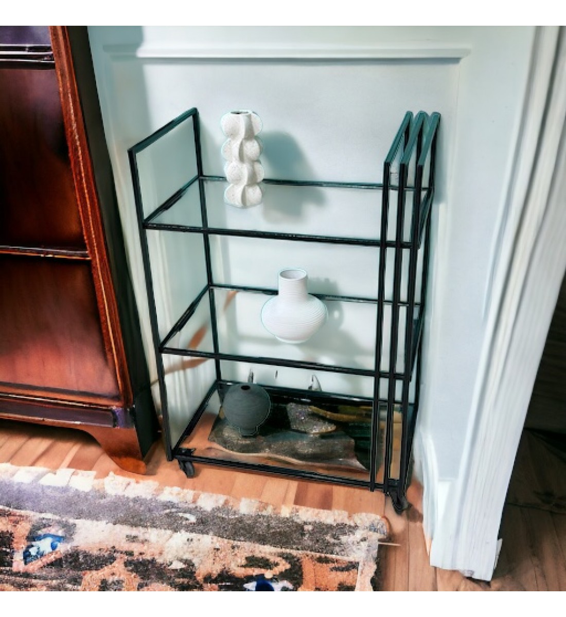 عربية تقديم زجاج  شفاف بأطراف حديد اسود 3 دور بكفرات سهلة الحركة (70×40×100)سم