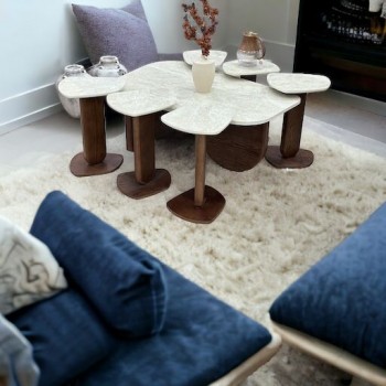 طقم طاولة خدمة بديل الرخام قاعده خشب بني سطح احجار سنديان  7 قطعة 