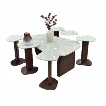 طقم طاولة خدمة بديل الرخام قاعده خشب بني سطح احجار سنديان  7 قطعة 