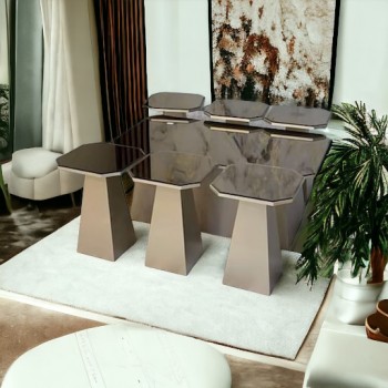 طقم طاولة خدمة خشبي لون بيج مطفي مرايا مستطيل 7 قطعة 