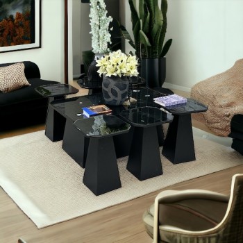 طقم طاولة خدمة خشبي لون اسود  مرايا مستطيل 7 قطعة 