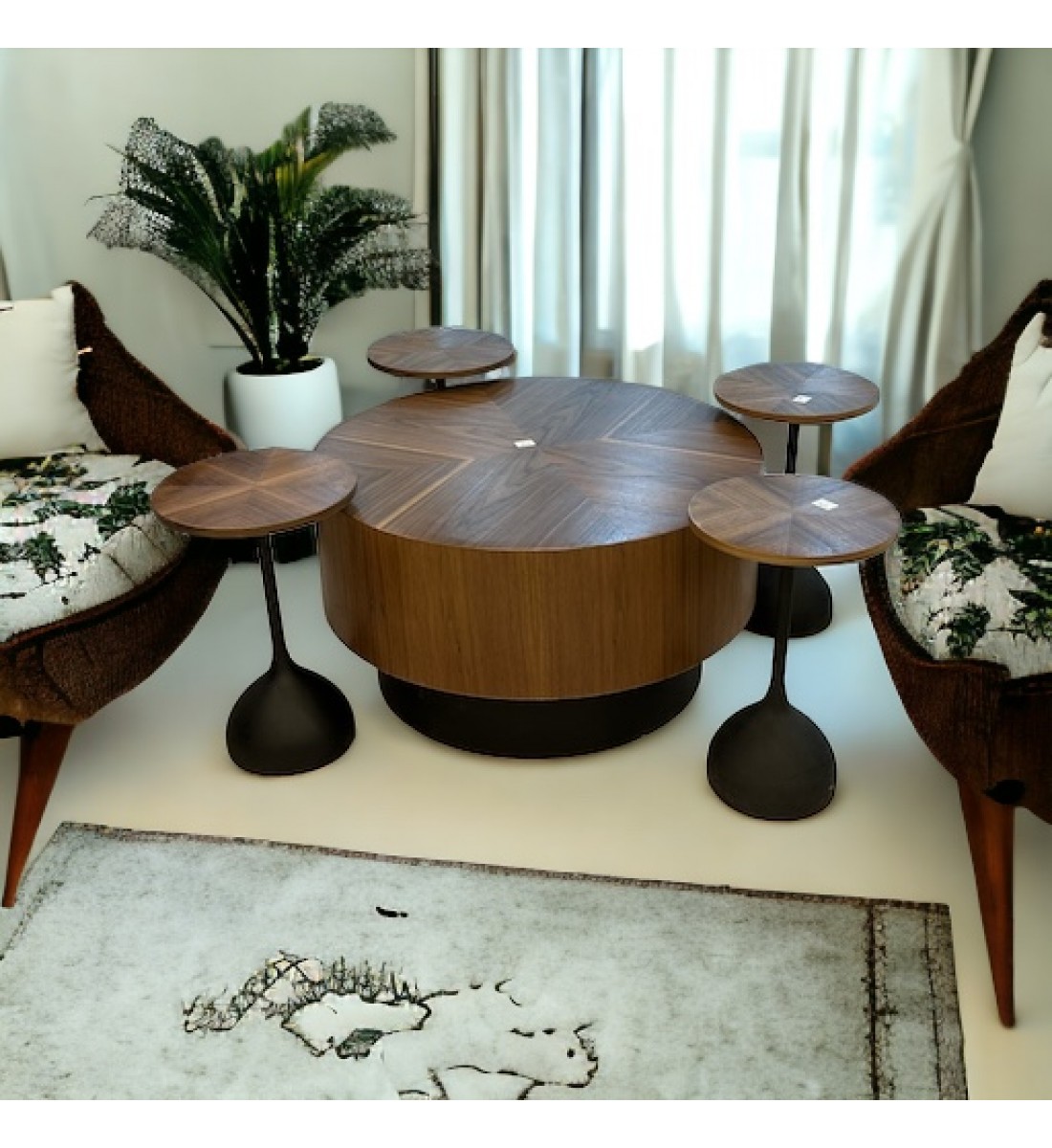 طقم طاولات قهوة مدرين قشور الجوز 5قطع طقم طاولات قهوة مدرين قشور الجوز 5قطع