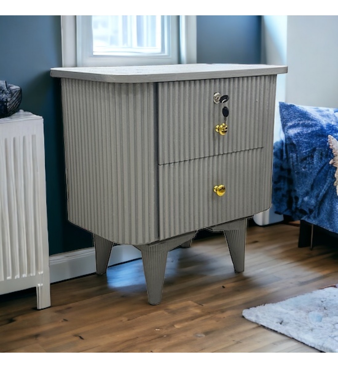 Curvy bedside table with drawer, gray color, 50 x 35 x 55 cm