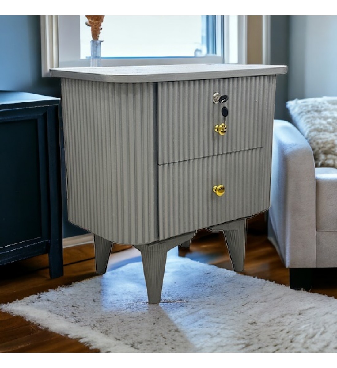 Curvy bedside table with drawer, gray color, 50 x 35 x 55 cm