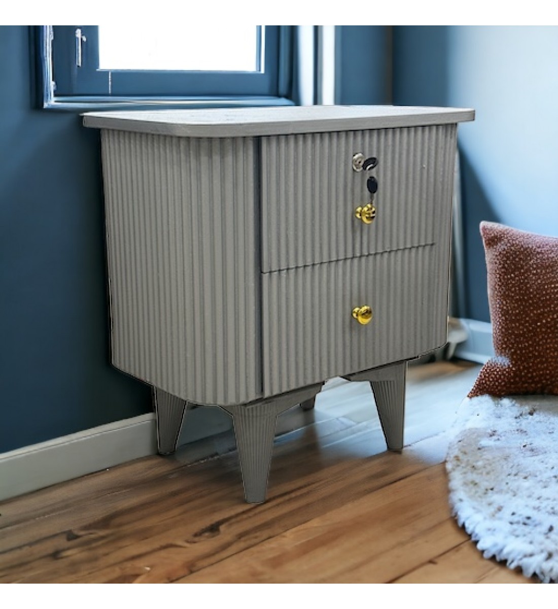 Curvy bedside table with drawer, gray color, 50 x 35 x 55 cm