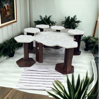 طقم طاولة خدمة بديل الرخام قاعده خشب بني سطح احجار سنديان ملمس خشن 7 قطعة 