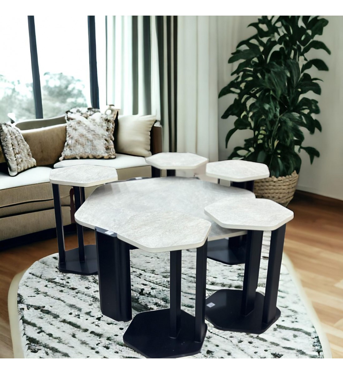 Marble replacement service table set with black wood base and rough textured oak surface, 7 pieces