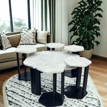 طقم طاولة خدمة بديل الرخام قاعده خشب اسود سطح احجار سنديان ملمس خشن 7 قطعة 