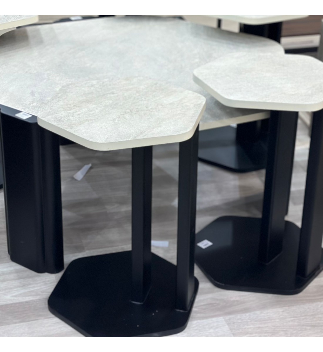 Marble replacement service table set with black wood base and rough textured oak surface, 7 pieces