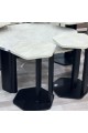Marble replacement service table set with black wood base and rough textured oak surface, 7 pieces