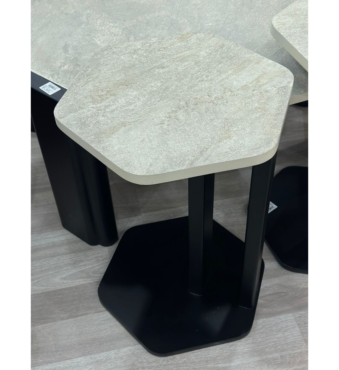 Marble replacement service table set with black wood base and rough textured oak surface, 7 pieces