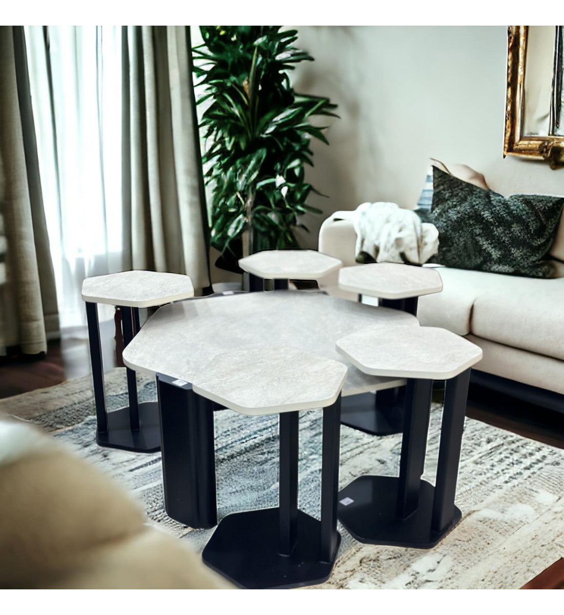Marble replacement service table set with black wood base and rough textured oak surface, 7 pieces