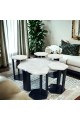 Marble replacement service table set with black wood base and rough textured oak surface, 7 pieces