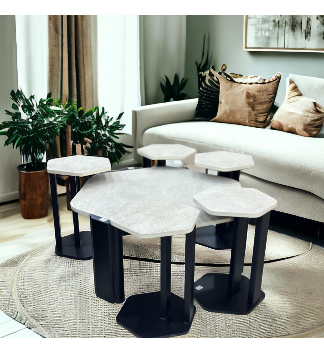 Marble replacement service table set with black wood base and rough textured oak surface, 7 pieces