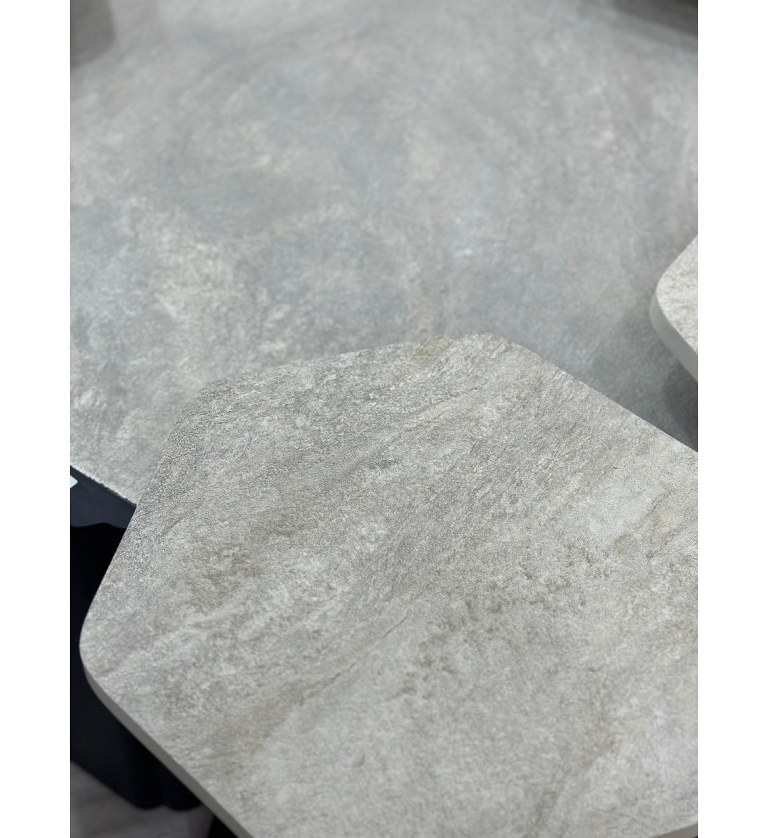 Marble replacement service table set with black wood base and rough textured oak surface, 7 pieces