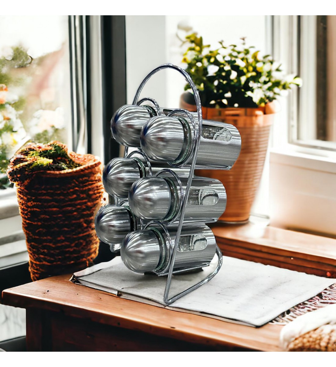 A set of spices boxes with a stand of 6 boxes