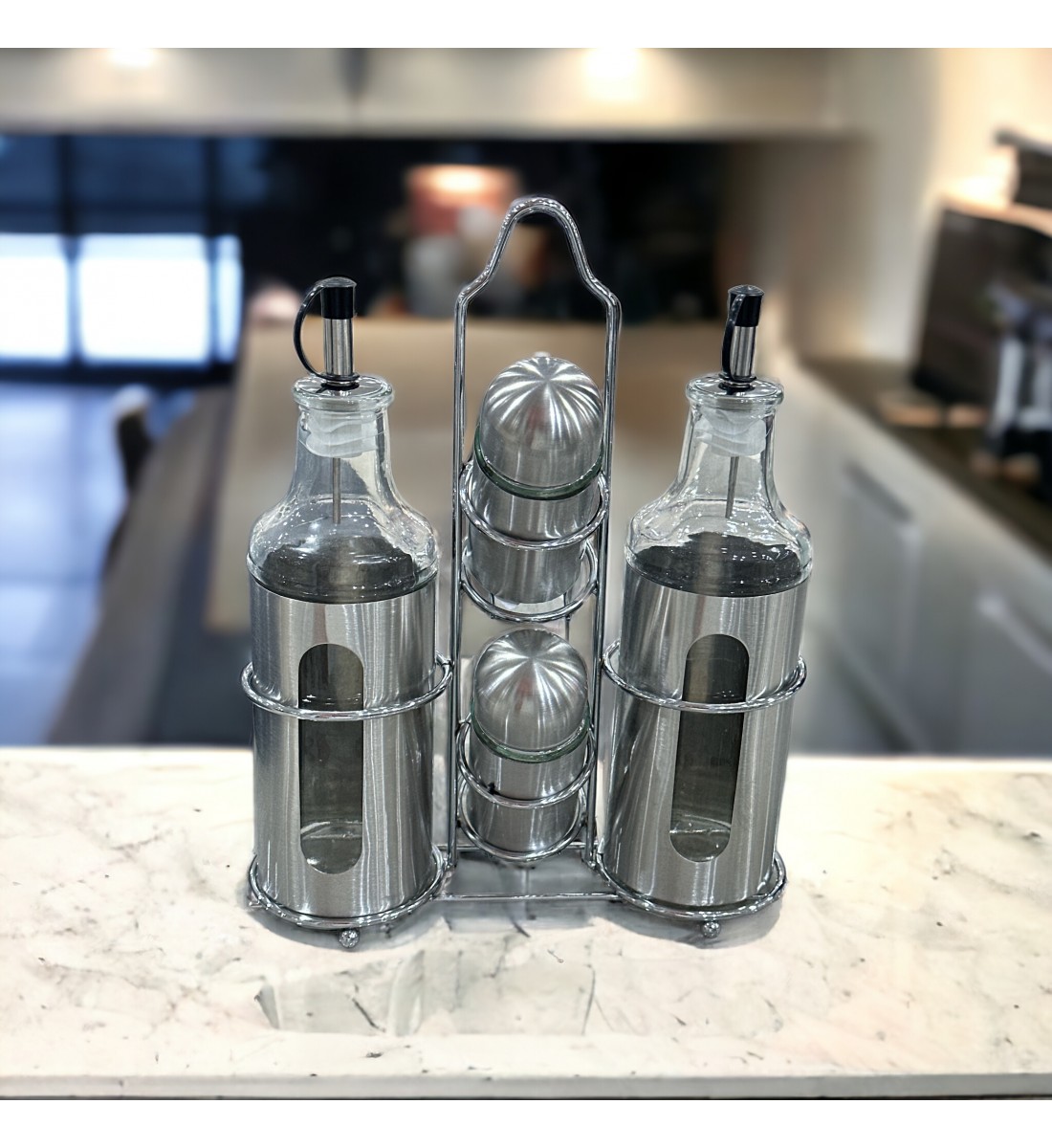 Set of oil, vinegar and saltines bottles with holder - 4 pieces