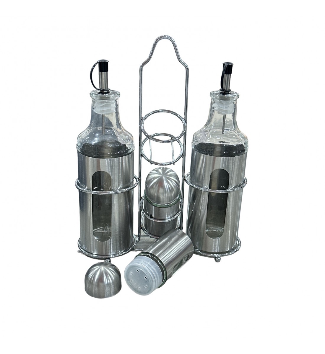 Set of oil, vinegar and saltines bottles with holder - 4 pieces