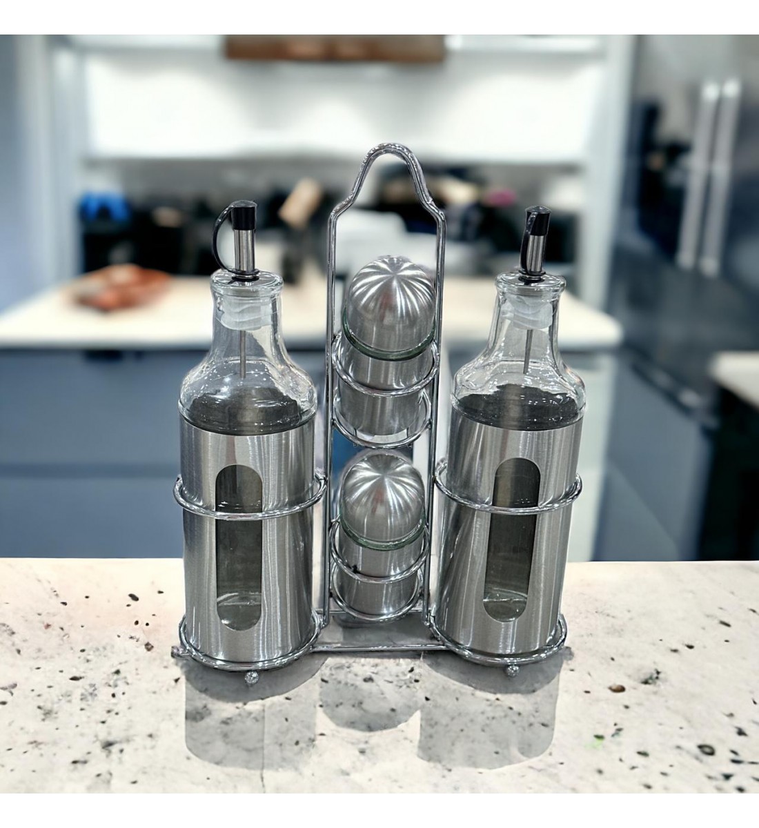 Set of oil, vinegar and saltines bottles with holder - 4 pieces