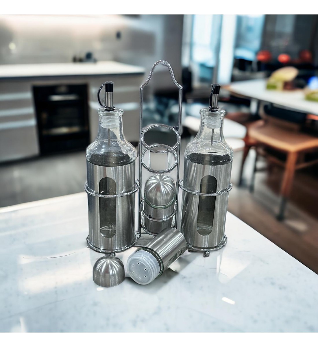 Set of oil, vinegar and saltines bottles with holder - 4 pieces