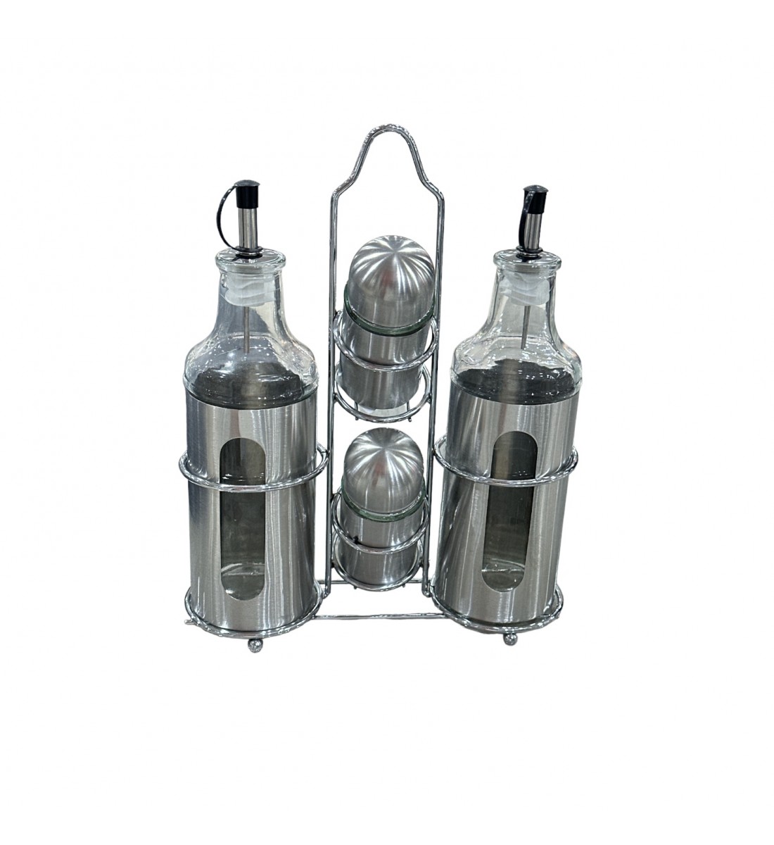 Set of oil, vinegar and saltines bottles with holder - 4 pieces