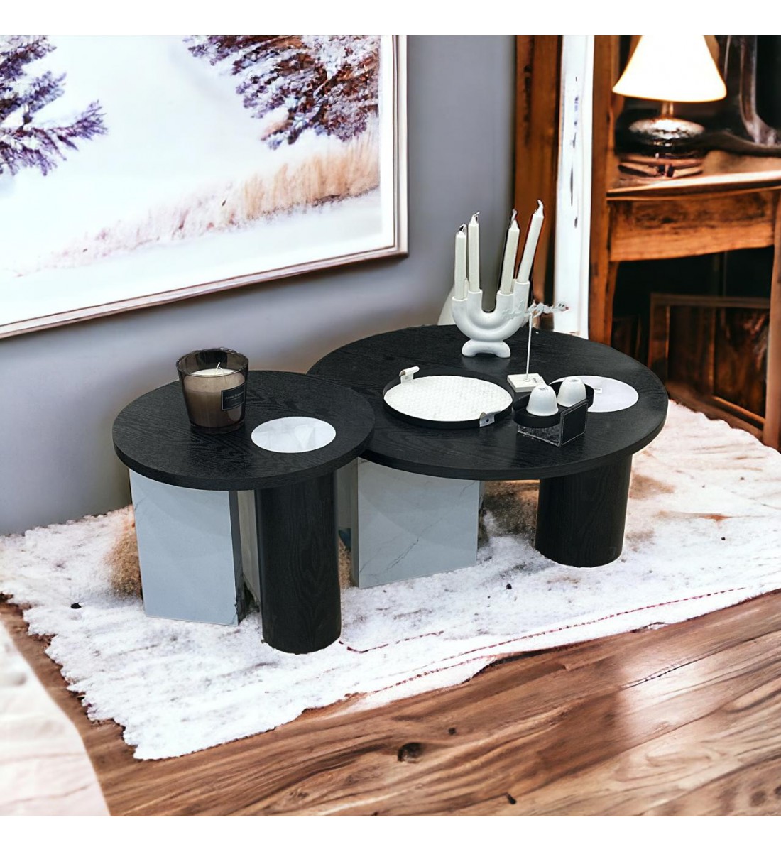 2-piece black wood coffee table set