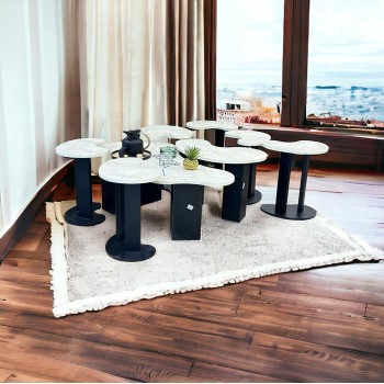 طقم طاولة خدمة بديل الرخام قاعده خشب اسود سطح احجار سنديان  8 قطعة 