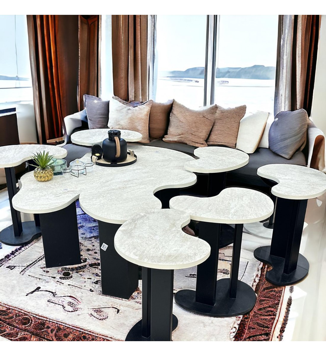 طقم طاولة خدمة بديل الرخام قاعده خشب اسود سطح احجار سنديان  8 قطعة 