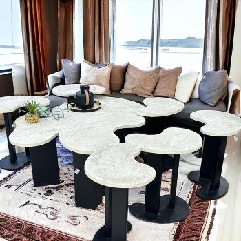 طقم طاولة خدمة بديل الرخام قاعده خشب اسود سطح احجار سنديان  8 قطعة 