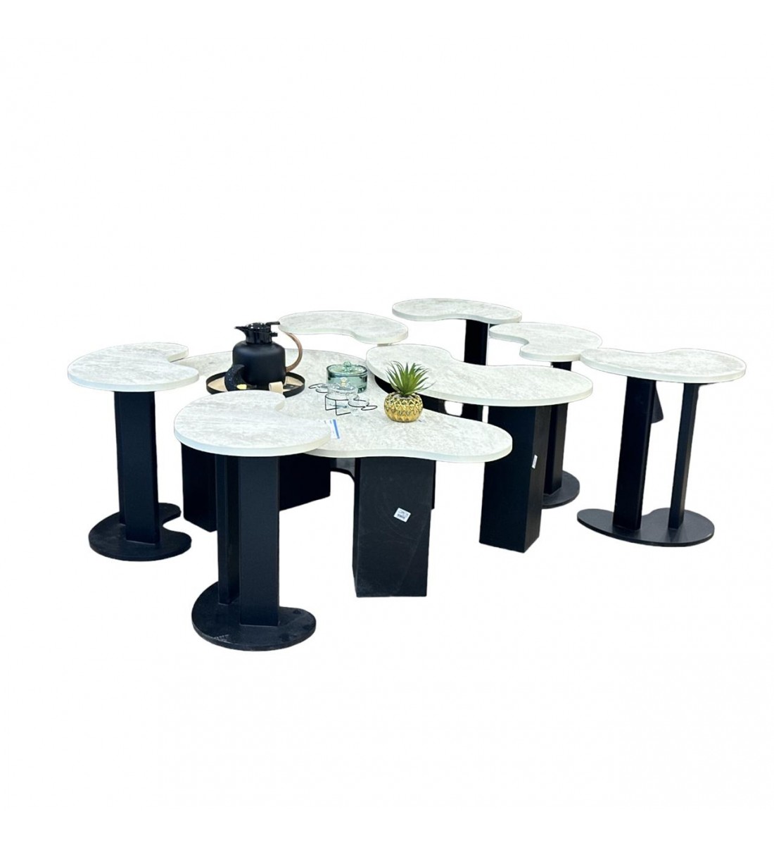 طقم طاولة خدمة بديل الرخام قاعده خشب اسود سطح احجار سنديان  8 قطعة 