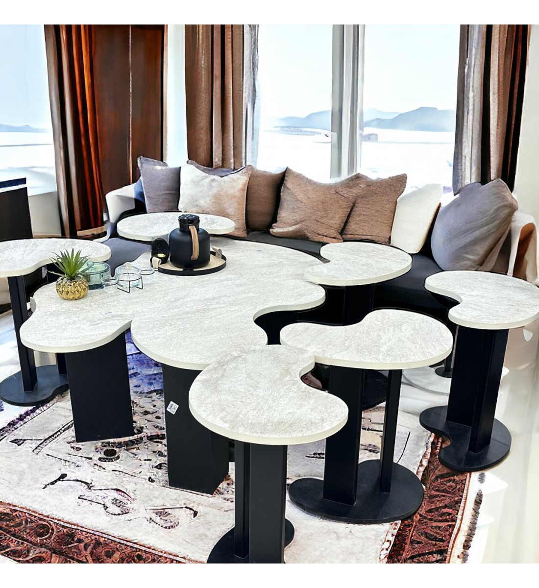 طقم طاولة خدمة بديل الرخام قاعده خشب اسود سطح احجار سنديان  8 قطعة 