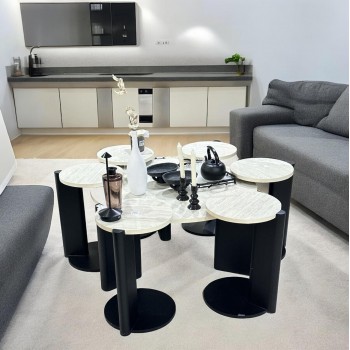 طقم طاولة خدمة بديل الرخام قاعده خشب اسود سطح احجار سنديان ملمس ناعم 7 قطعة 