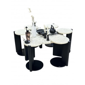 طقم طاولة خدمة بديل الرخام قاعده خشب اسود سطح احجار سنديان ملمس ناعم 7 قطعة 