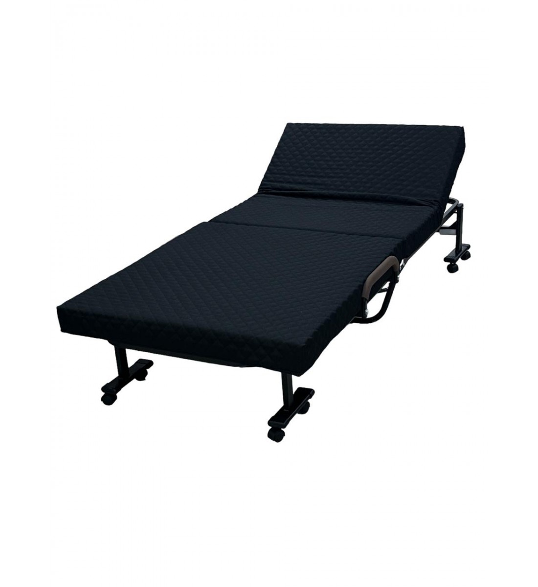 Bed with foldable mattress and movable wheels, black