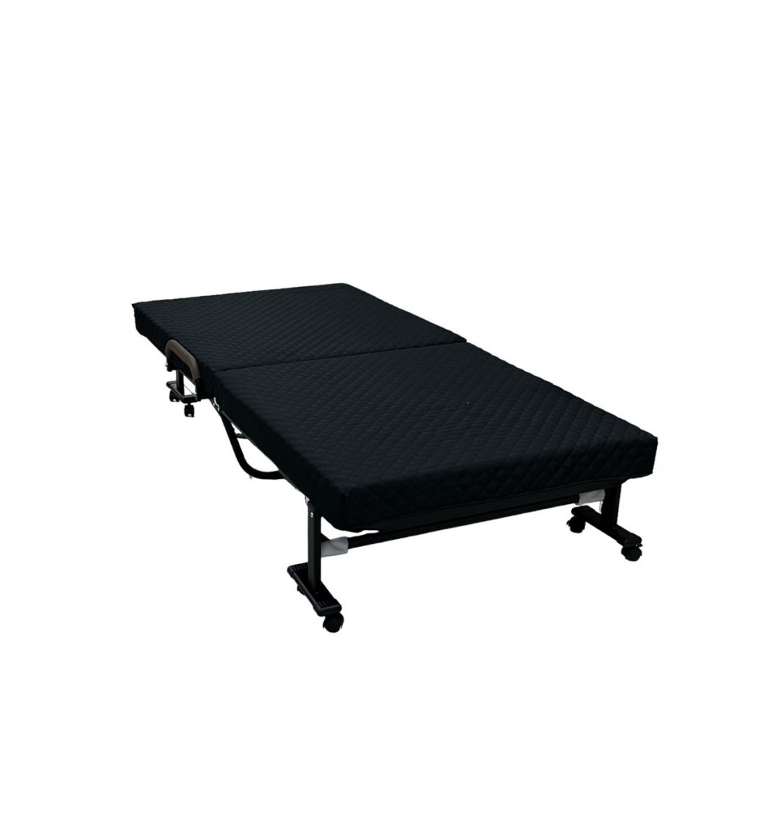 Bed with foldable mattress and movable wheels, black