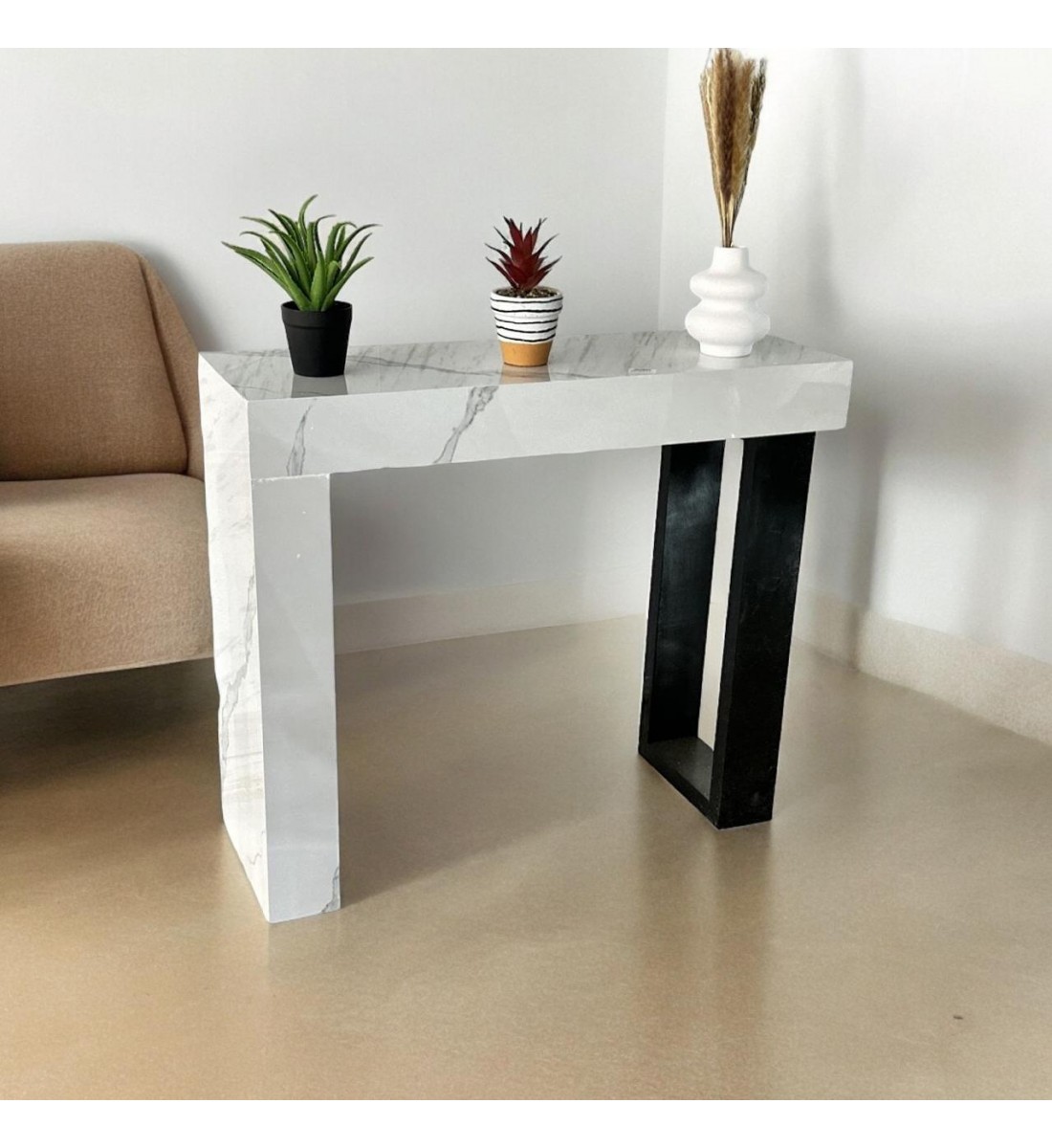 Classic entrance table, wood alternative, white with black side, 120 x 30 x 90 cm